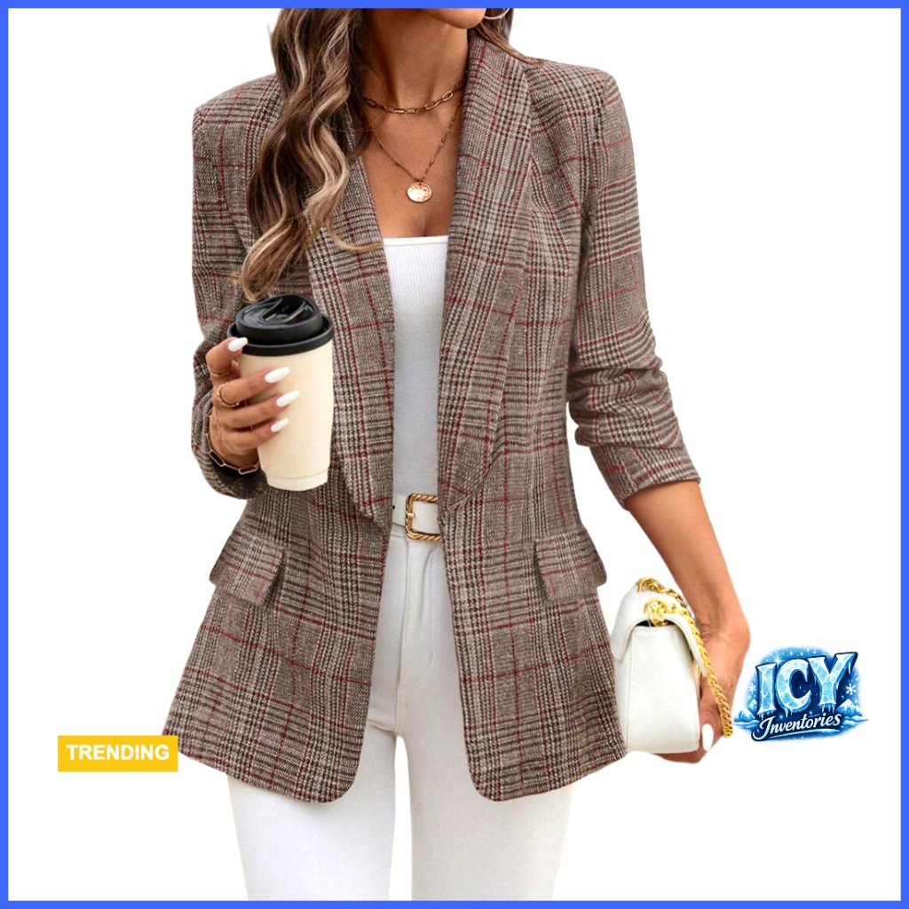 Shawl Collar Plaid Boyfriend Blazer Business Casual Open Front